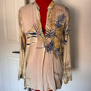 ZARA Floral Print Blouse with Blue and Yellow Accents Small